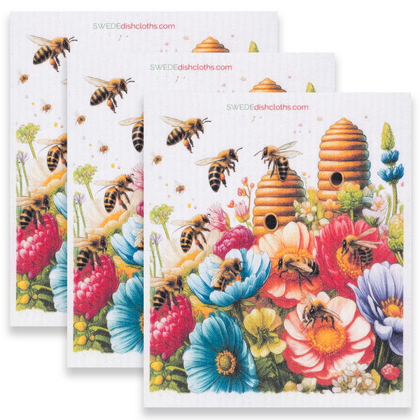 Eco-Friendly Swedish Dishcloths - Bees and Spring Flowers Set of 3 (Paper Towel Replacements)