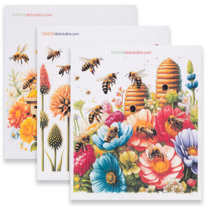 Eco-Friendly Swedish Dishcloths - Mixed Bees 2024 Set of 3 (Paper Towel Replacements, One of Each Design)