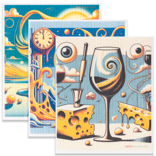 Eco-Friendly Swedish Dishcloths - Mixed Surreal Wine Set of 3 (Paper Towel Replacements, One of Each Design)