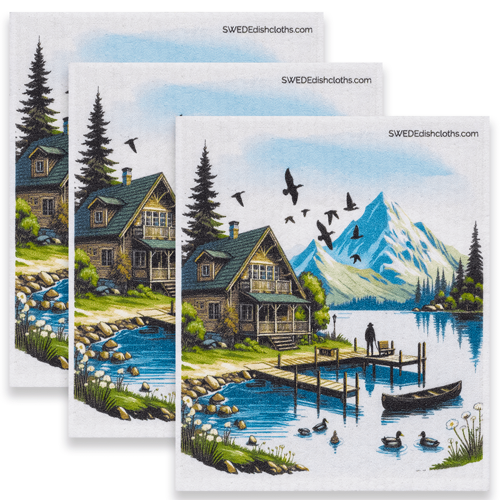 Eco-Friendly Swedish Dishcloths - Cabin on Lake Set of 3 (Paper Towel Replacements) - SWEDEdishcloths.com
