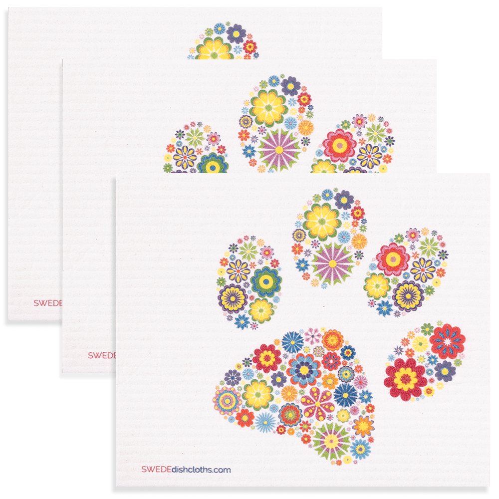 Eco-Friendly Swedish Dishcloths - Floral Dog Paw Set of 3 (Paper Towel Replacements) - SWEDEdishcloths.com