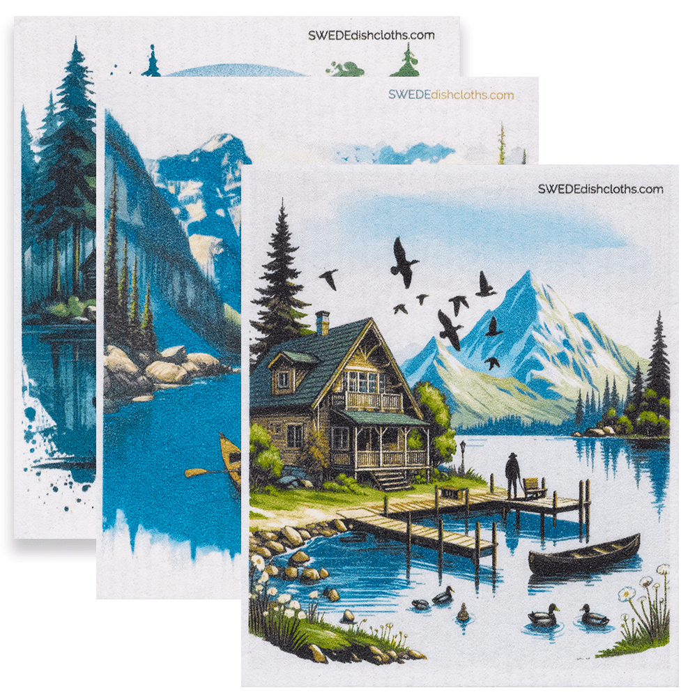 Eco-Friendly Swedish Dishcloths - Mixed Lake Set of 3 (Paper Towel Replacements, One of Each Design) - SWEDEdishcloths.com