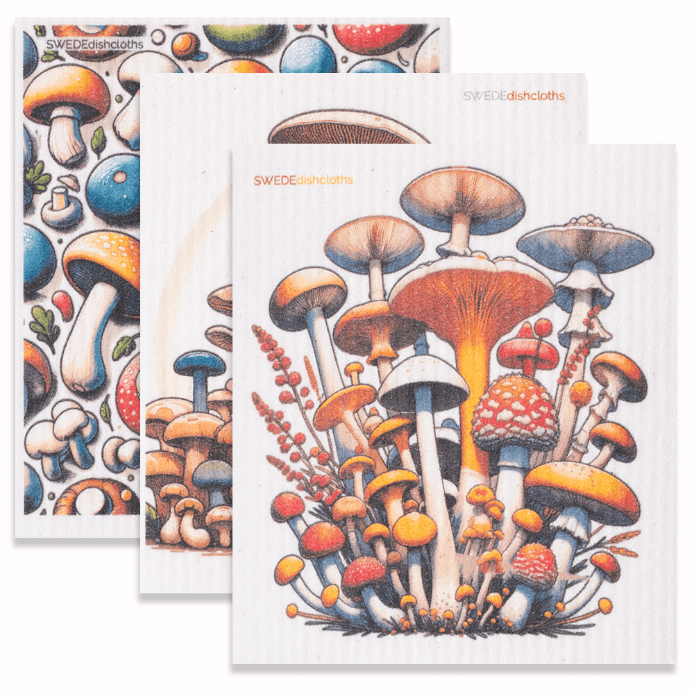 Eco-Friendly Swedish Dishcloths - Mixed Mushrooms Set of 3 (Paper Towel Replacements, One of Each Design) - SWEDEdishcloths.com