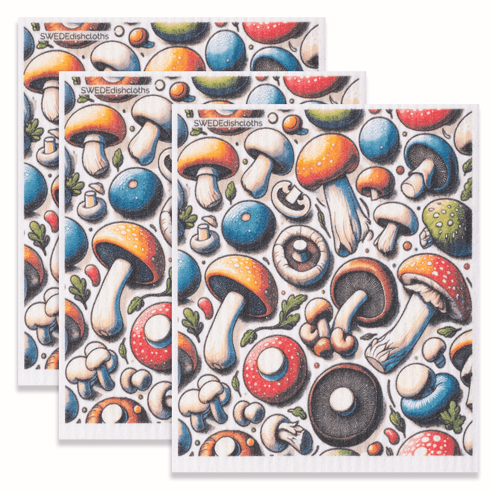 Eco-Friendly Swedish Dishcloths - Mushroom Collage Set of 3 (Paper Towel Replacements) - SWEDEdishcloths.com