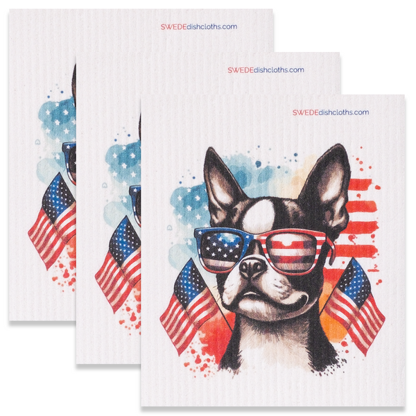 Eco-Friendly Swedish Dishcloths - Patriotic French Bulldog Set of 3 (Paper Towel Replacements)