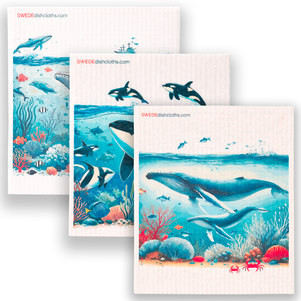 Eco-Friendly Swedish Dishcloths - Mixed Whales Set of 3 (Paper Towel Replacements, One of Each Design)