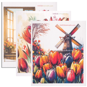 Eco-Friendly Swedish Dishcloths - Mixed Tulips Set of 3 (Paper Towel Replacements, One of Each Design)