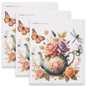 Eco-Friendly Swedish Dishcloths - Roses with Butterflies Set of 3 (Paper Towel Replacements)