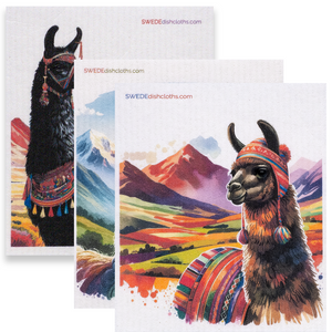 Eco-Friendly Swedish Dishcloths - Mixed Colorful Llamas Set of 3 (Paper Towel Replacements, One of Each Design)