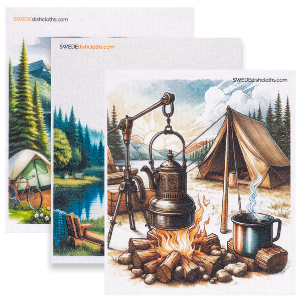 Eco-Friendly Swedish Dishcloths - Mixed Camping 2024 Set of 3 (Paper Towel Replacements, One of Each Design)