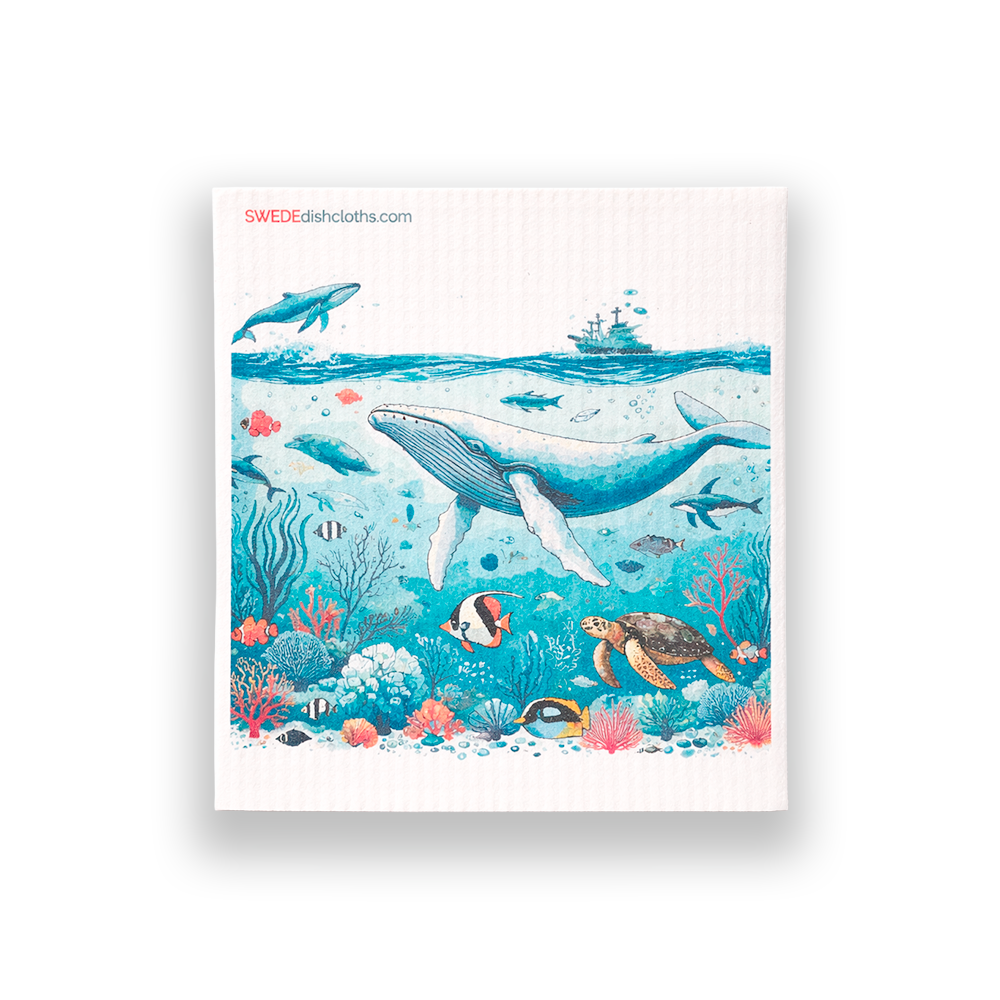 Eco-Friendly Swedish Dishcloths - Blue Whale under Ship with Calf (Paper Towel Replacement)