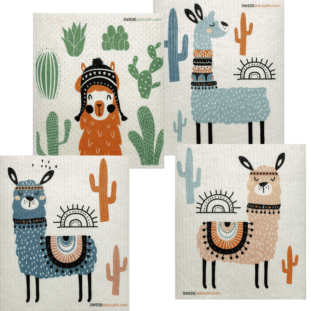 Mixed Llamas Set of 4 Swedish Dishcloths (One of each design)