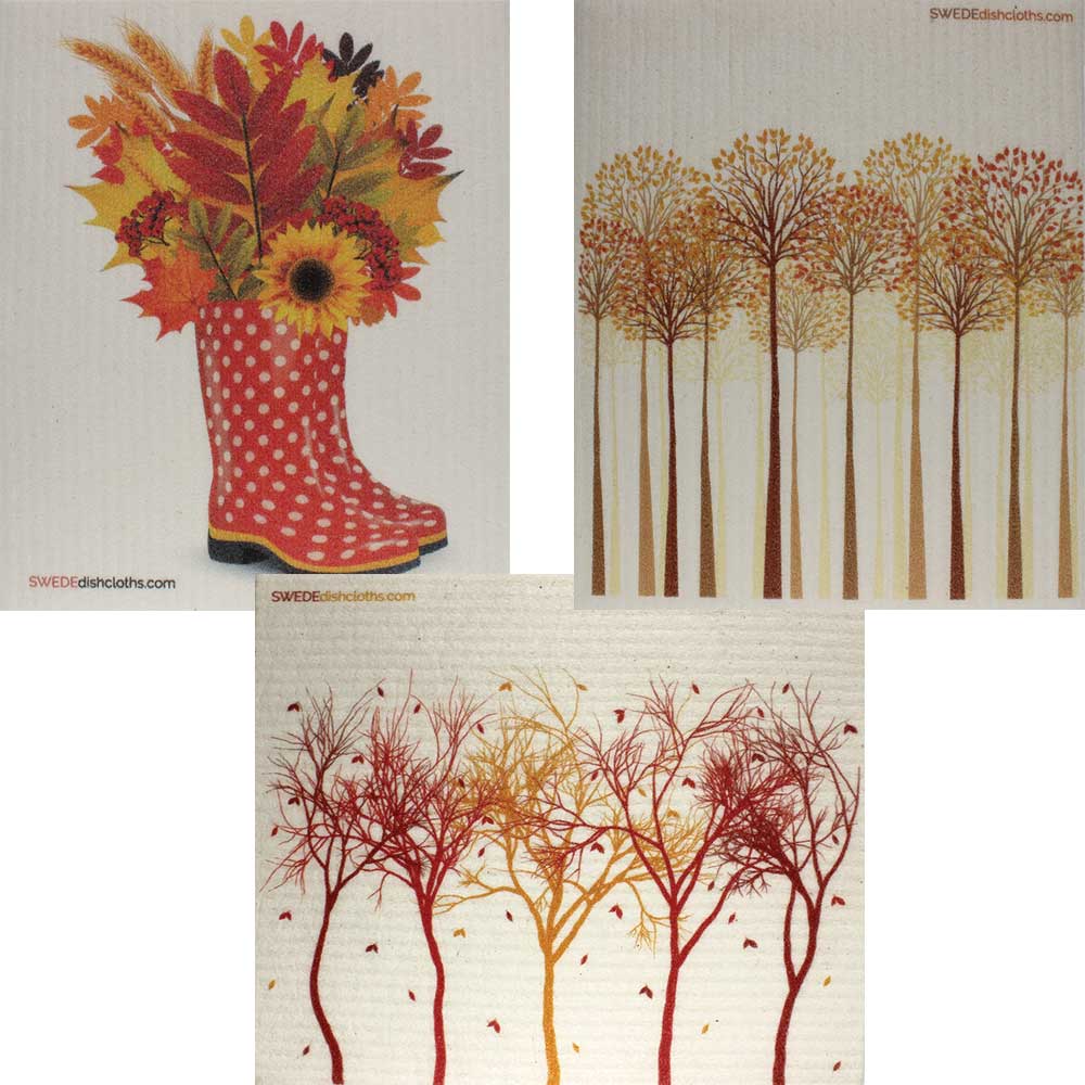 Swedish Dishcloths Mixed Autumn Set of 3 cloths (one of each design)  Eco Friendly Absorbent Cleaning Cloth