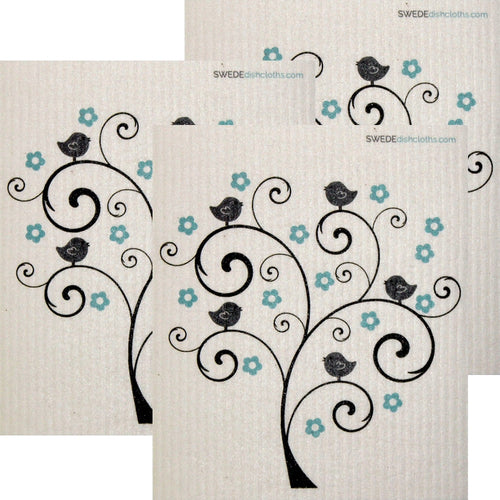 Bird and Flower Tree Set of 3 Swedish Dishcloths (One of each design) | ECO Friendly | Reusable Cleaning Spongecloth