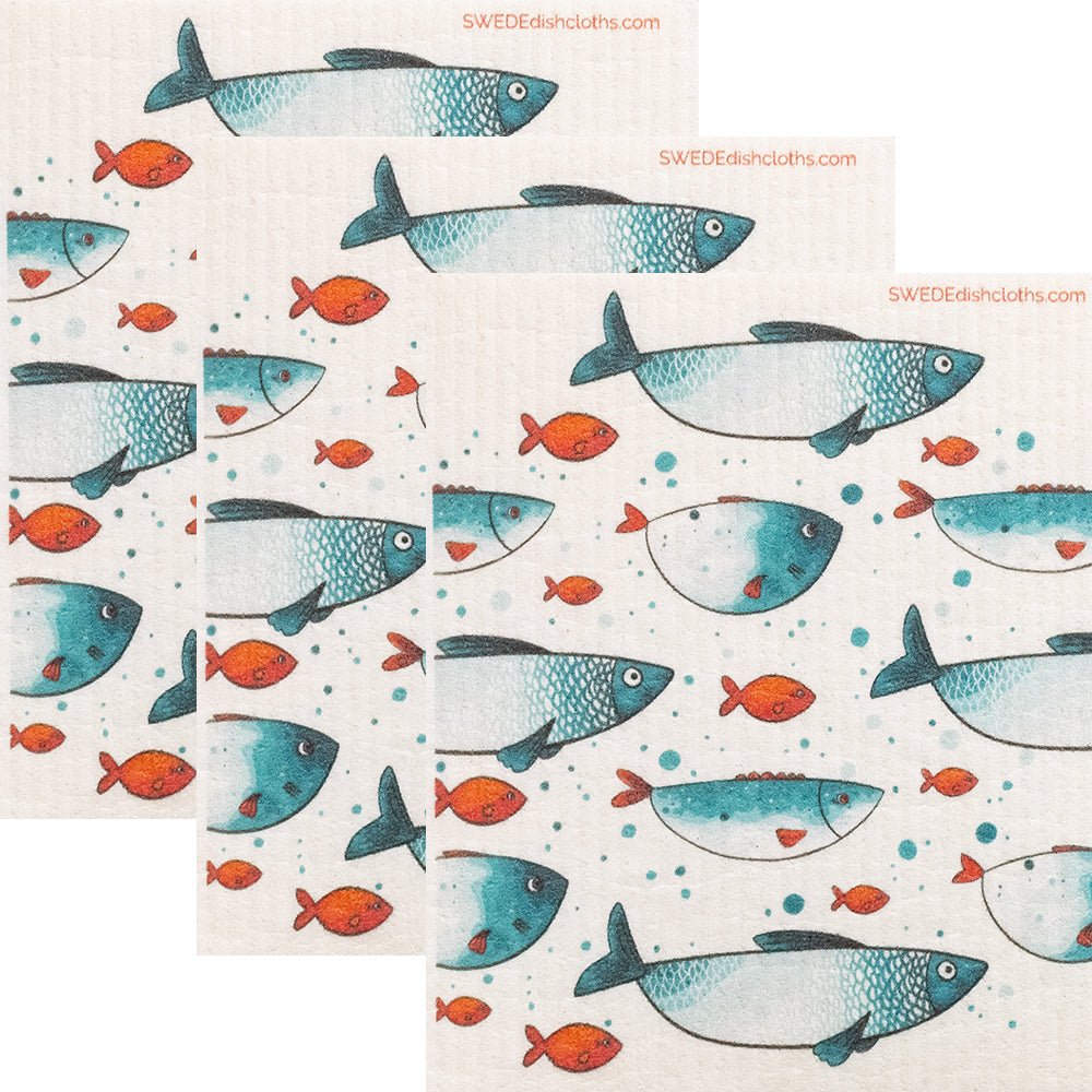 Swedish Dishcloth Blue Fish School Set of 3 Sponge cloths - SWEDEdishcloths.com