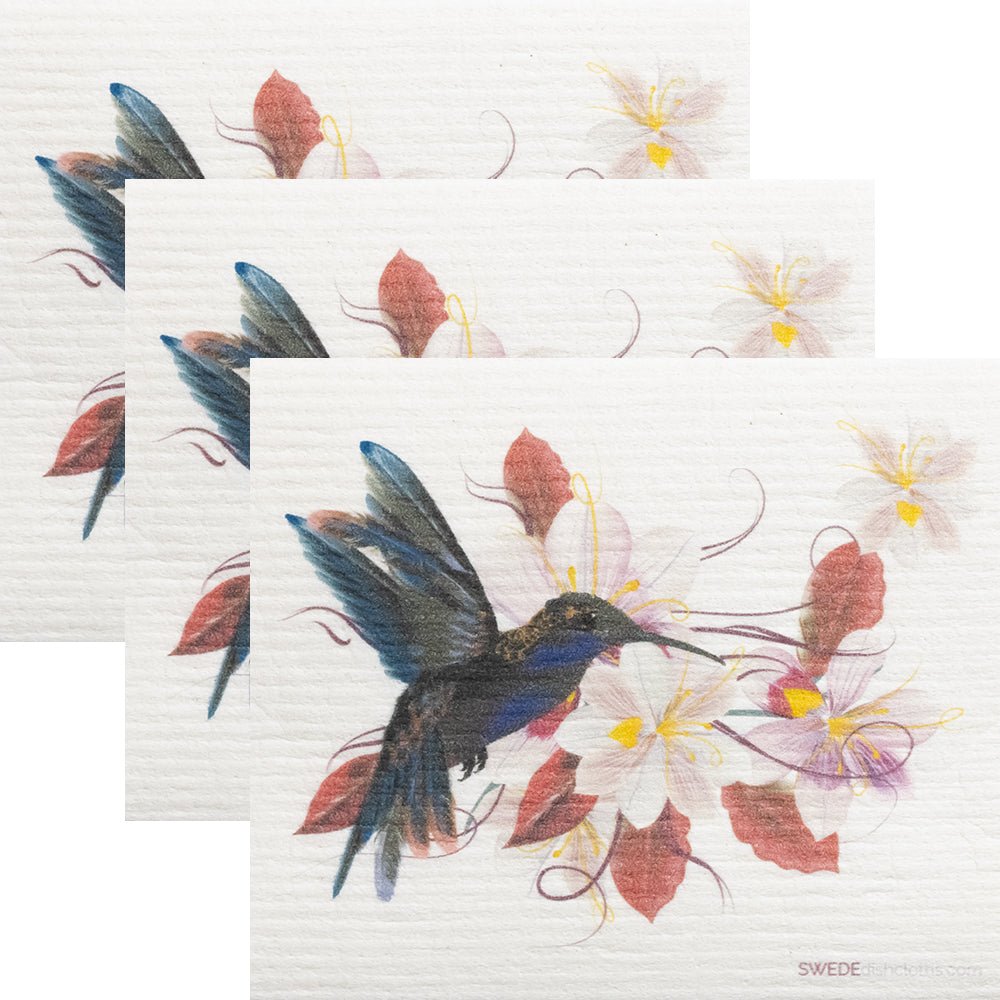 Swedish Dishcloth Hummingbird Red Flowers Set of 3 Sponge cloths - SWEDEdishcloths.com