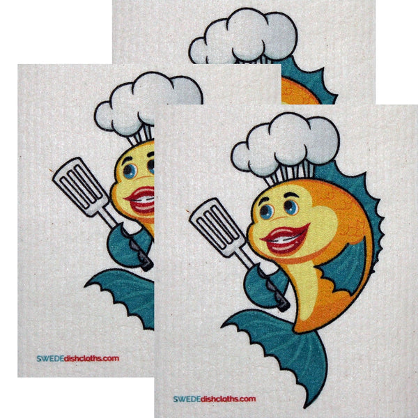 Swedish Dishcloth Set of 3 each Swedish Dishcloths Yellow Fish Chef Design